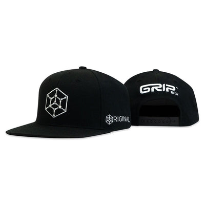Black Grip EQ large hex icon flat-bill snapback hat with white embroidered logos on the front and back.