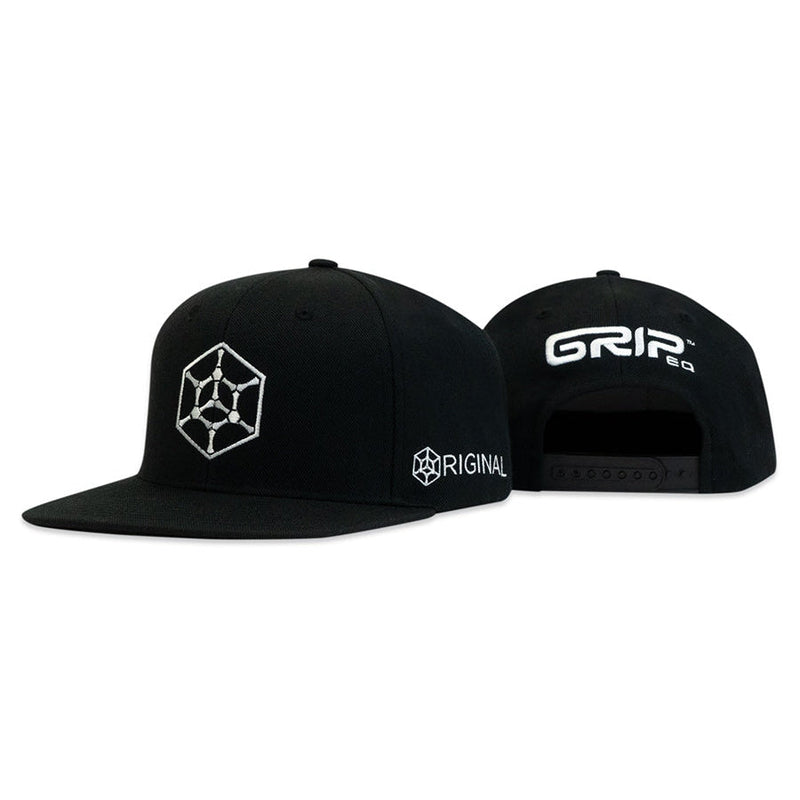 Black Grip EQ large hex icon flat-bill snapback hat with white embroidered logos on the front and back.