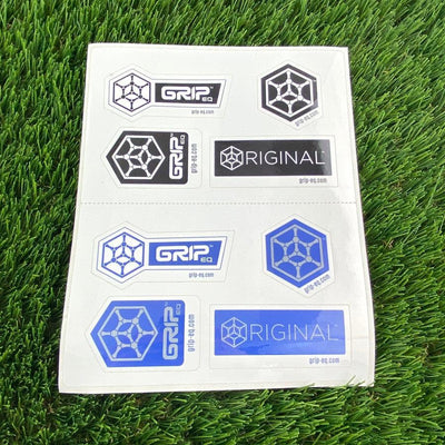 A white Grip EQ sticker sheet features black and blue logos with hex grid designs and "ORIGINAL" branding.