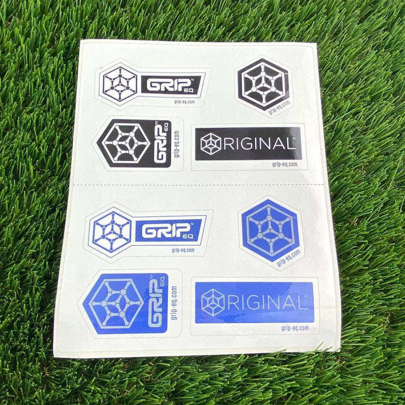 A white Grip EQ sticker sheet features black and blue logos with hex grid designs and "ORIGINAL" branding.