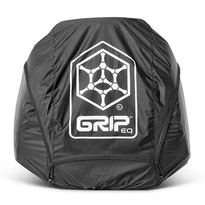 Black Grip EQ rain cover with a white hexagonal XL logo, designed to protect disc golf bags.