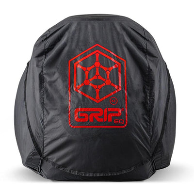 Black Grip EQ XX Series rainfly for disc golf bags with a vibrant red Grip EQ logo prominently displayed on the front.