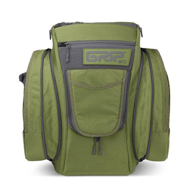 Grip equipment cx1 series disc golf bag in army green and dark gray with the grip eq logo on the front.