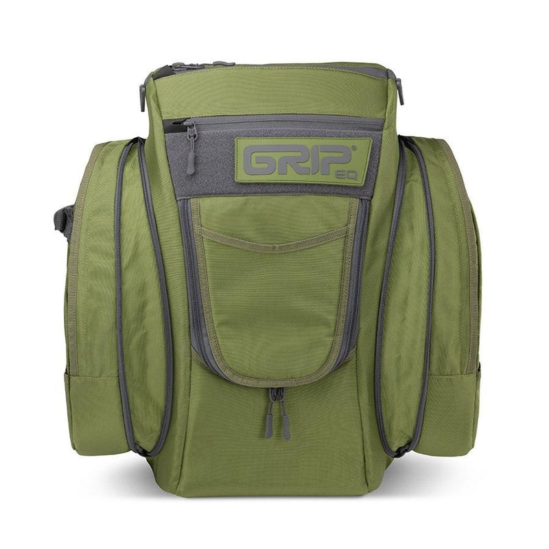 Grip equipment cx1 series disc golf bag in army green and dark gray with the grip eq logo on the front.