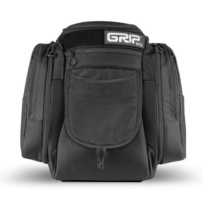 Black GRIPeq AX6 Touring disc golf bag with a white logo on top, a large zippered front pocket, and side pockets.