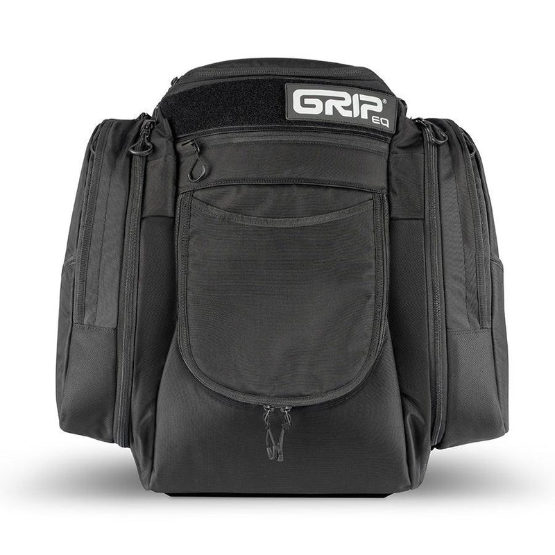 Black GRIPeq AX6 Touring disc golf bag with a white logo on top, a large zippered front pocket, and side pockets.
