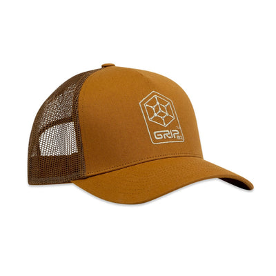 Brown GRIPeq Hex Shield curved bill trucker hat with a white embroidered logo and dark brown mesh netting.