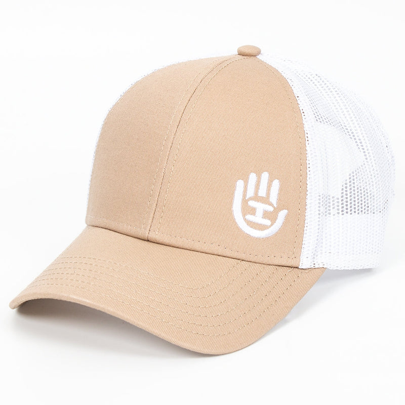 Beige and white Handeye Brand snapback hat with a white Handeye logo embroidered on the front panel.