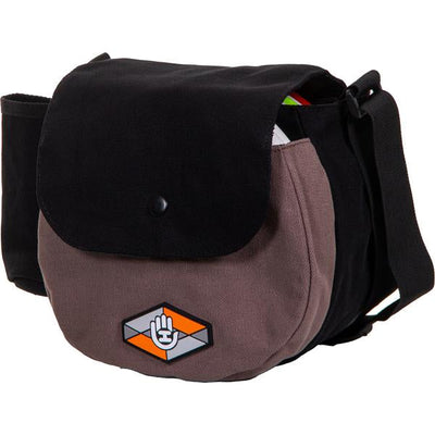Handeye Bindle Bag featuring a black flap and dark brown base with a prominent Handeye logo and an adjustable black strap.