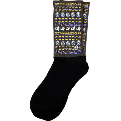 Black Handeye Tee Box Sox with a colorful patterned cuff featuring Handeye logos and disc golf baskets.