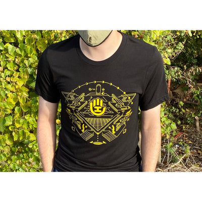 Black handeye Fall t-shirt featuring a detailed yellow geometric design with a central hand logo.