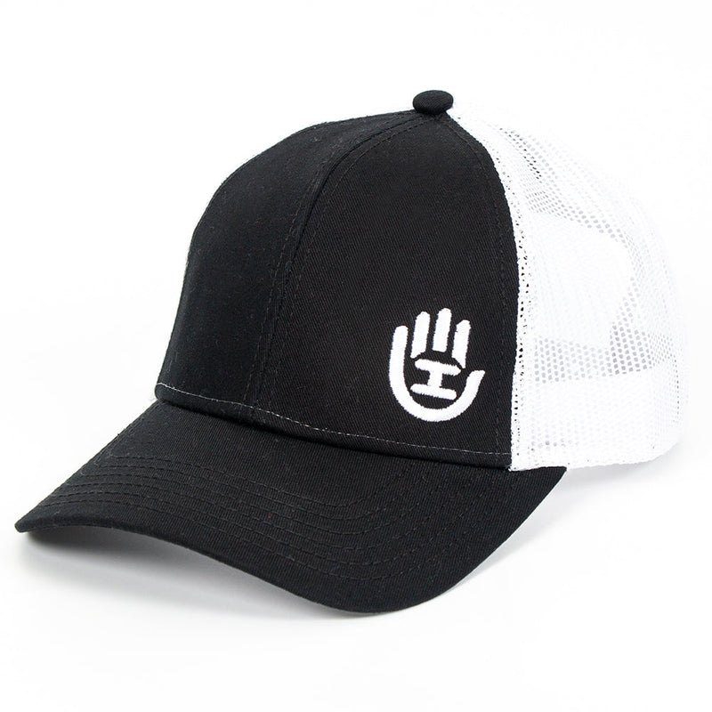 Black and white Handeye snapback hat with a solid front panel, white mesh back, and an embroidered Handeye logo.
