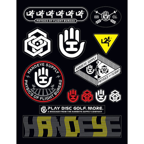 A black Handeye sticker sheet has various white, red, and yellow disc golf themed logos and graphics.