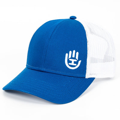 Blue Handeye snapback hat with a white Handeye logo embroidered on the front and white mesh side panels.
