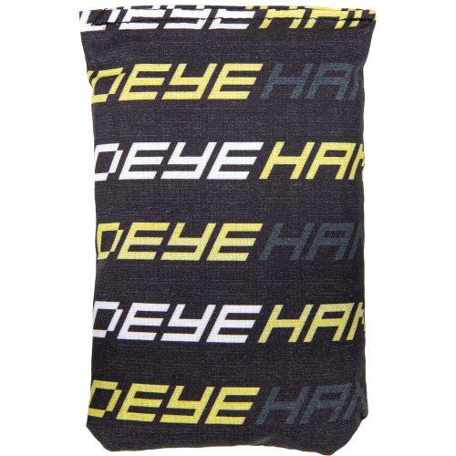 Black Handeye Wordmark chalk bag with repeating text in yellow, white, and gray on the fabric.