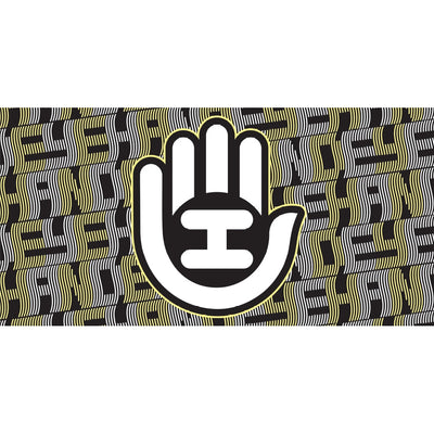 Handeye fabric banner featuring a white hand logo with an H on a background of yellow and white wavy lines.