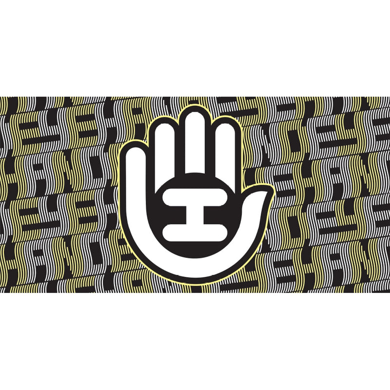 Handeye fabric banner featuring a white hand logo with an H on a background of yellow and white wavy lines.