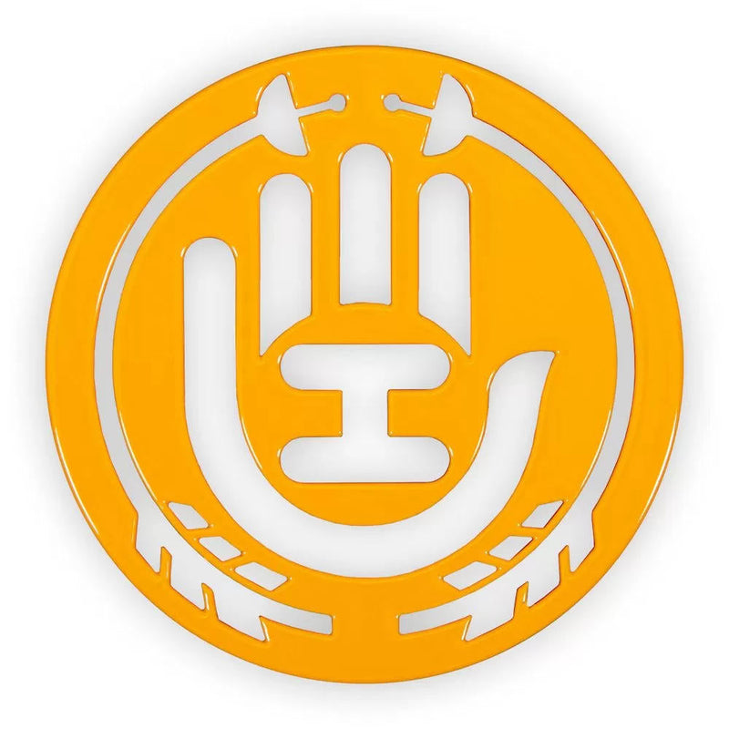 Gold handeye metal mini marker with a hollowed hand logo and laurel wreath surround.