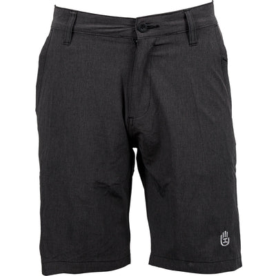 Dark gray Handeye Hybrid Stretch Shorts with a front button and zipper closure, belt loops, and an embroidered white logo.