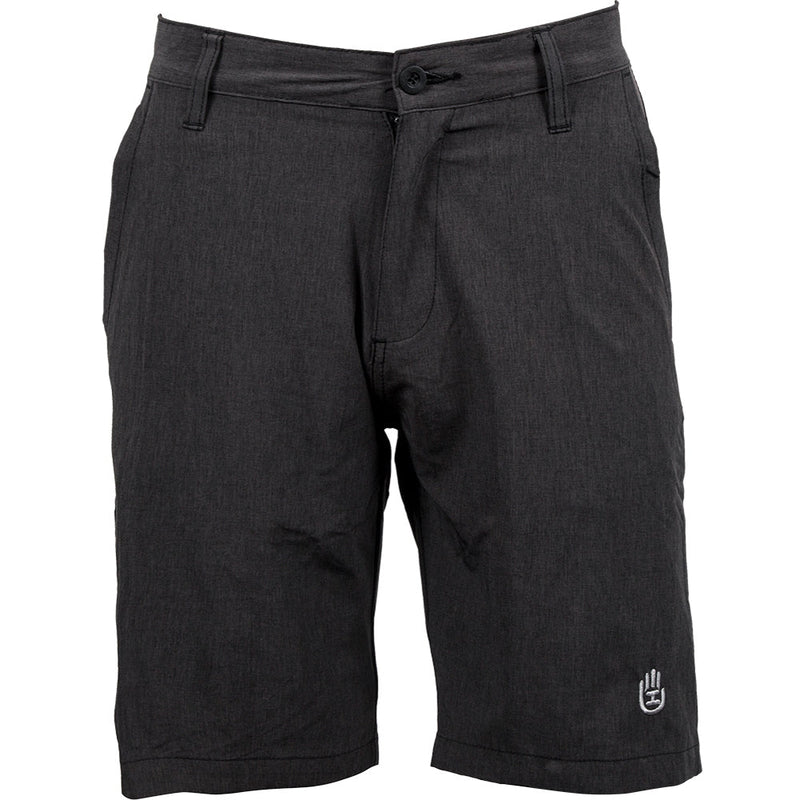 Dark gray Handeye Hybrid Stretch Shorts with a front button and zipper closure, belt loops, and an embroidered white logo.