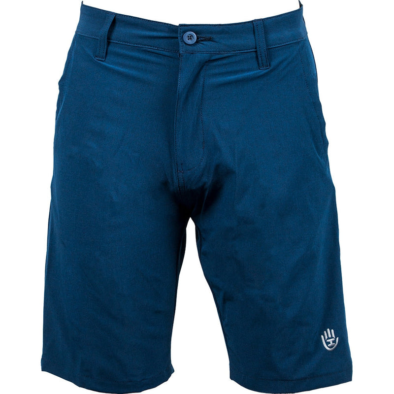 Deep teal Handeye Hybrid Stretch Shorts feature a button closure, belt loops, and an embroidered white logo on the left leg.