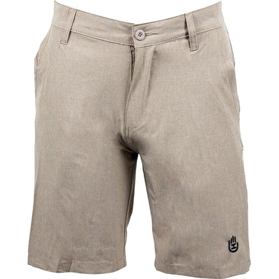 handeye Hybrid Stretch Shorts in a light beige heathered fabric with a visible button and zipper closure.