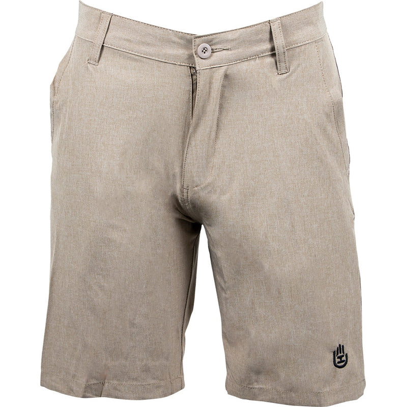 handeye Hybrid Stretch Shorts in a light beige heathered fabric with a visible button and zipper closure.