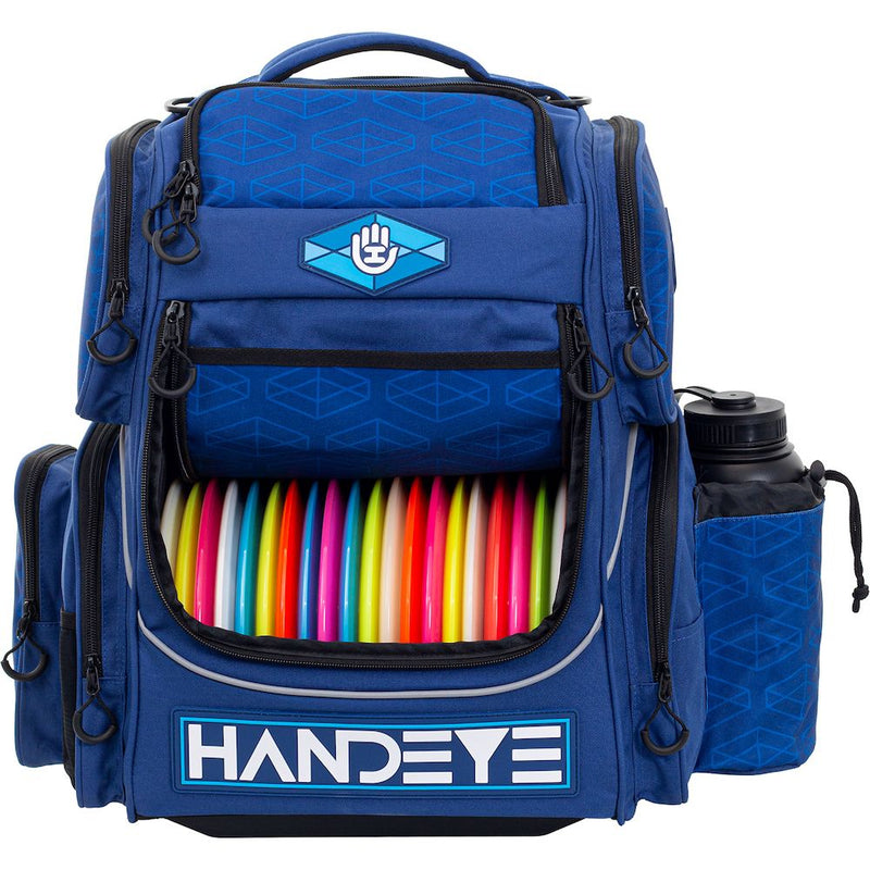 Blue Handeye Mission Rig backpack with two rows of colorful disc golf discs and a black water bottle.