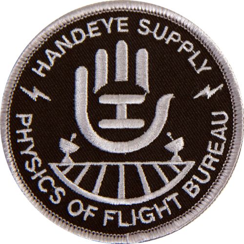 Round Handeye Physics of Flight Bureau embroidered patch with white lettering and a gray hand symbol on black fabric.
