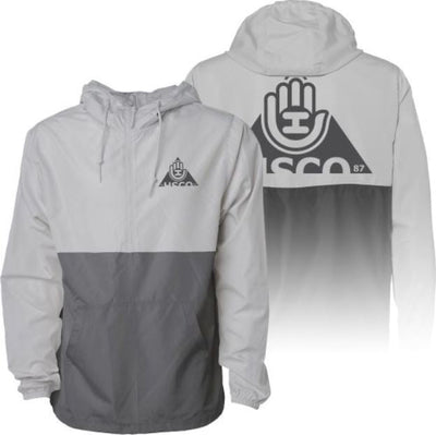 Light gray handeye windbreaker pullover with an embroidered logo, a dark gray lower half, and a large back print.