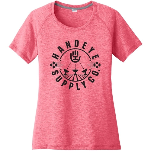 Pink Handeye Supply Co. ladies performance tee with a black circular logo featuring a hand and radar dishes.