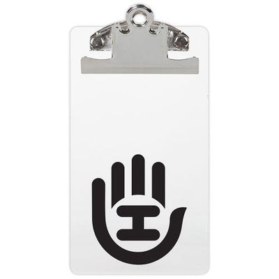 White handeye score keeping clipboard with a shiny silver clip and a black Handeye Brand logo on the front.