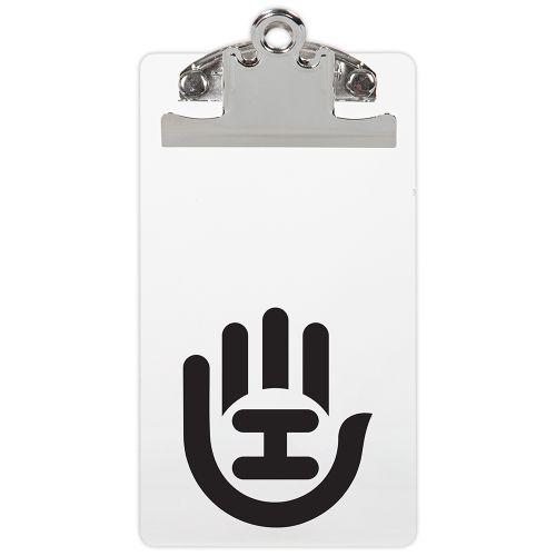 White handeye score keeping clipboard with a shiny silver clip and a black Handeye Brand logo on the front.