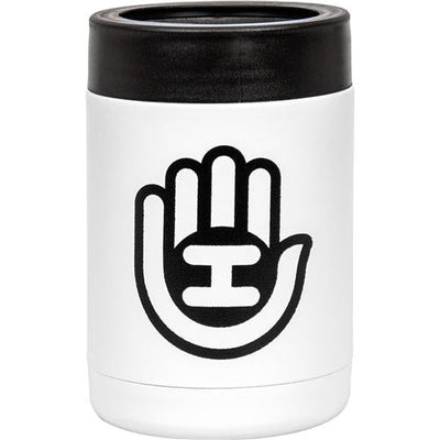 White Handeye stainless steel can keeper with a black Handeye logo and a black rubber insulated top.
