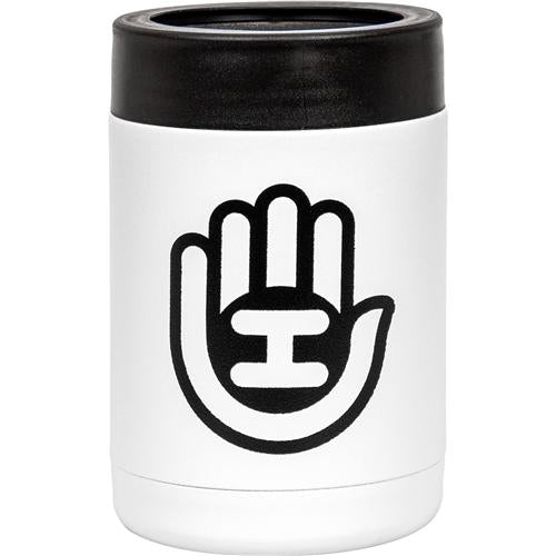 White Handeye stainless steel can keeper with a black Handeye logo and a black rubber insulated top.