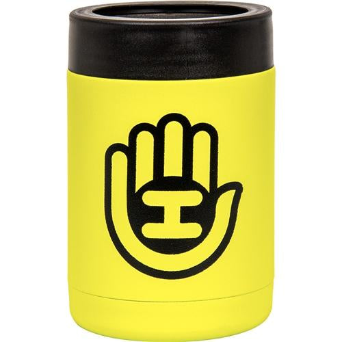 Yellow Handeye brand stainless steel can keeper with a black rim and black Handeye logo.