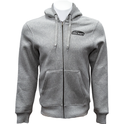 A heather gray discraft buzz full-zip hooded sweatshirt with a small discraft logo on the chest.