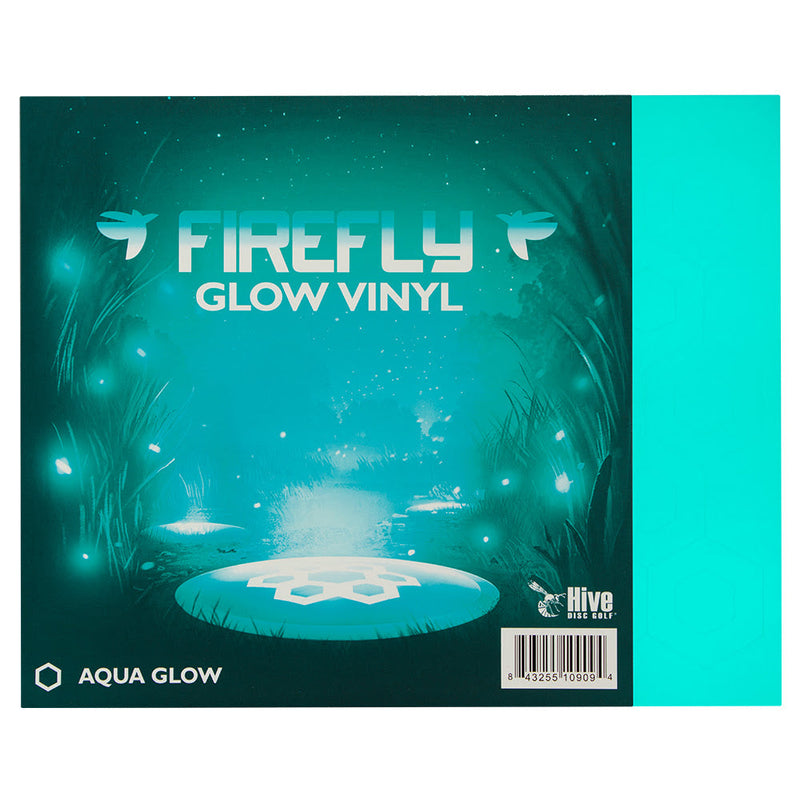Teal “Firefly Glow Vinyl” product packaging with a Disc Golf disc glowing aqua in a swampy scene.
