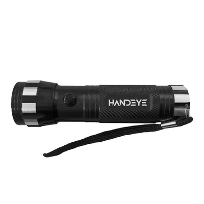 Black Handeye UV LED flashlight with a textured grip, silver accents, and an attached black lanyard.