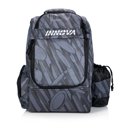 Gray Innova Adventure backpack disc golf bag with a faint "burst" logo design and a drawstring side pocket.