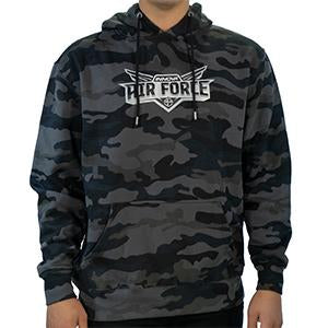 Innova Air Force black and grey camouflage hoodie with a white winged logo on the chest and a front pouch pocket.