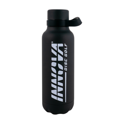 Black 22oz Innova insulated bottle featuring a white "Innova Disc Golf" logo and a black carrying loop on the lid.