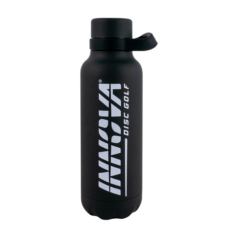 Black 22oz Innova insulated bottle featuring a white "Innova Disc Golf" logo and a black carrying loop on the lid.