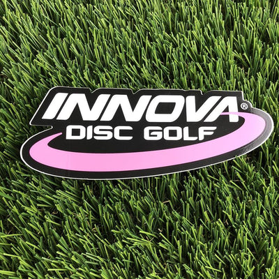 Black Innova Disc Golf die cut sticker with a pink stripe and white Innova text.