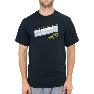 Black short-sleeve t-shirt with a gray, 3D Innova logo and yellow "est '83" text.