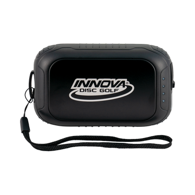 Black Innova super hand warmer and battery pack with white branding and a black fabric wrist strap.