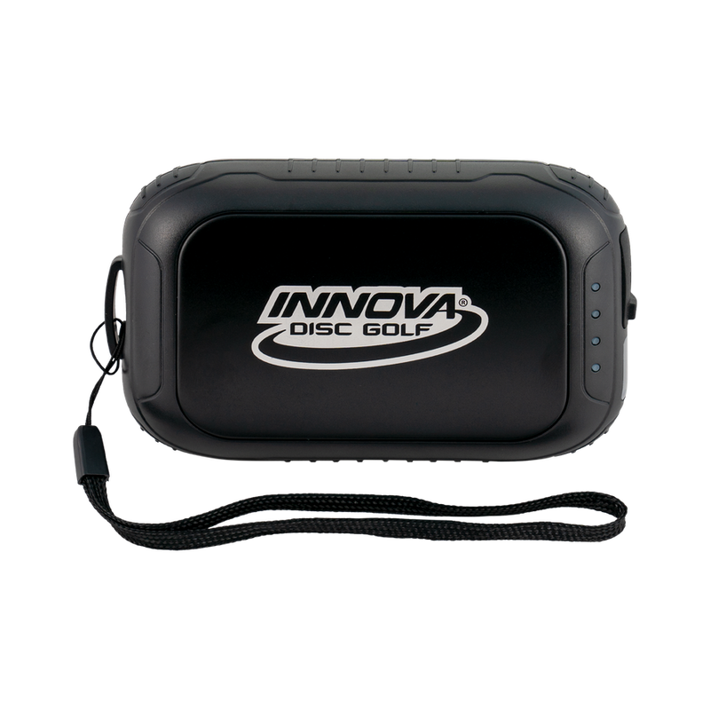 Black Innova super hand warmer and battery pack with white branding and a black fabric wrist strap.