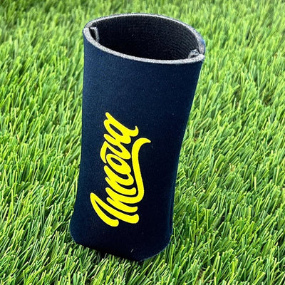 Black tall Innova coozie with the Innova logo in bright yellow script lettering along the side.