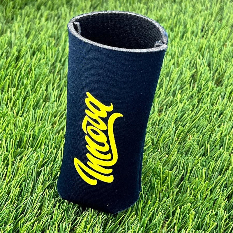 Black tall Innova coozie with the Innova logo in bright yellow script lettering along the side.