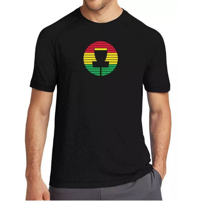 Black Innova short sleeve jersey with a red, yellow, and green striped disc golf target medallion logo.